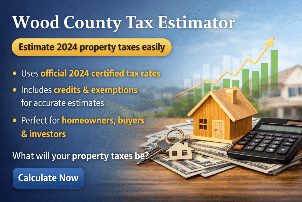 "Wood County Tax Estimator with house and calculator."