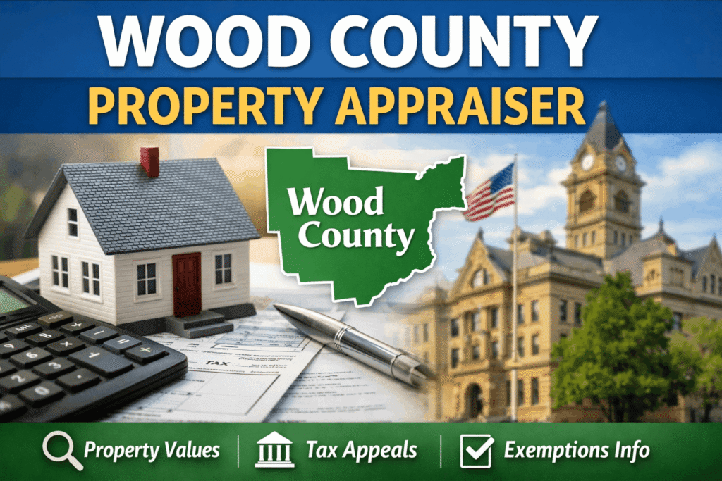 Wood County Property Appraiser showing a house, tax documents, and courthouse.