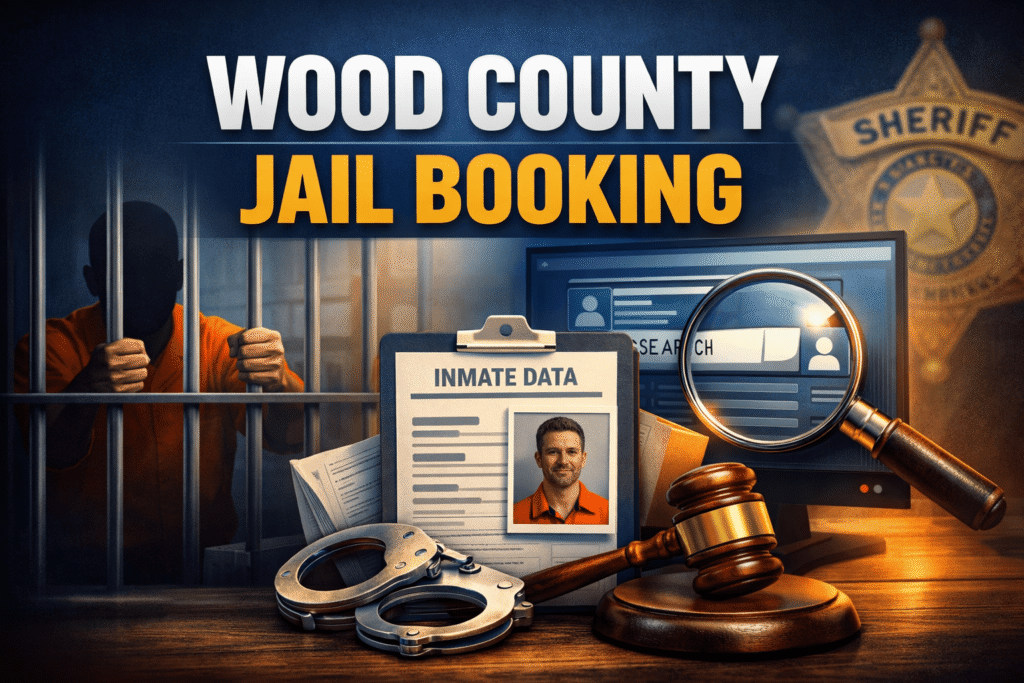 Wood County Jail Booking with jail bars and inmate profile
